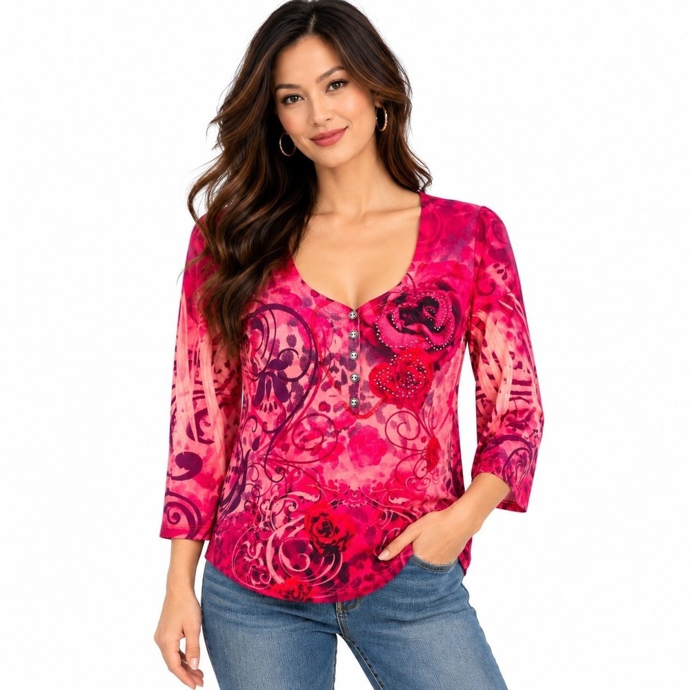 Live and Let Live Henley Top Women Large Pink Floral Rhinestone Excellent Boho